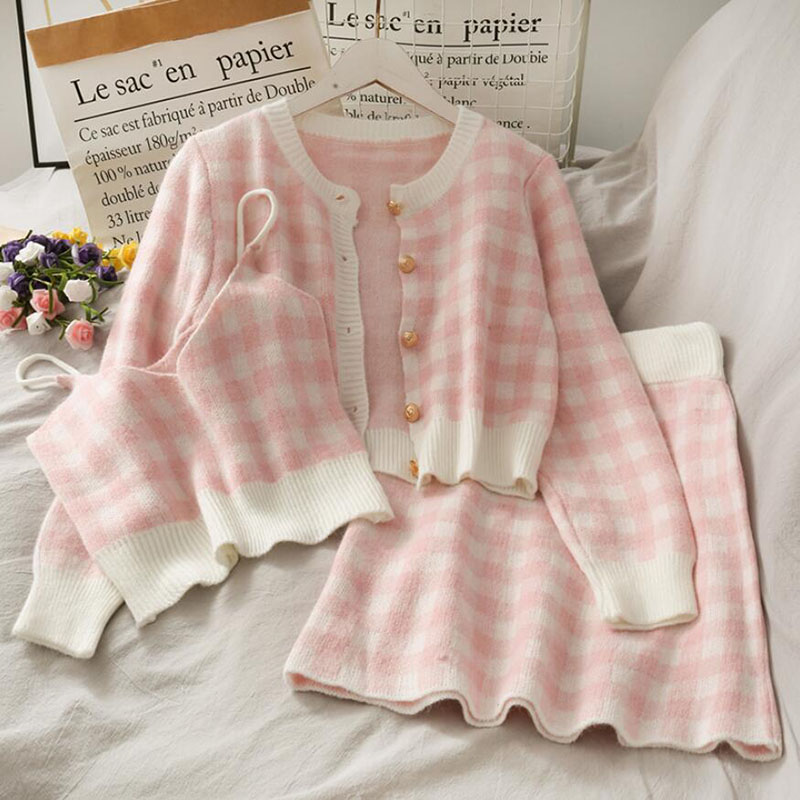 Women Sweet Plaid 3 Piece Set O-neck Single-breasted Long sleeve Knitted Cardigan Sweater Inside Short Sling and Skirts Suit alx