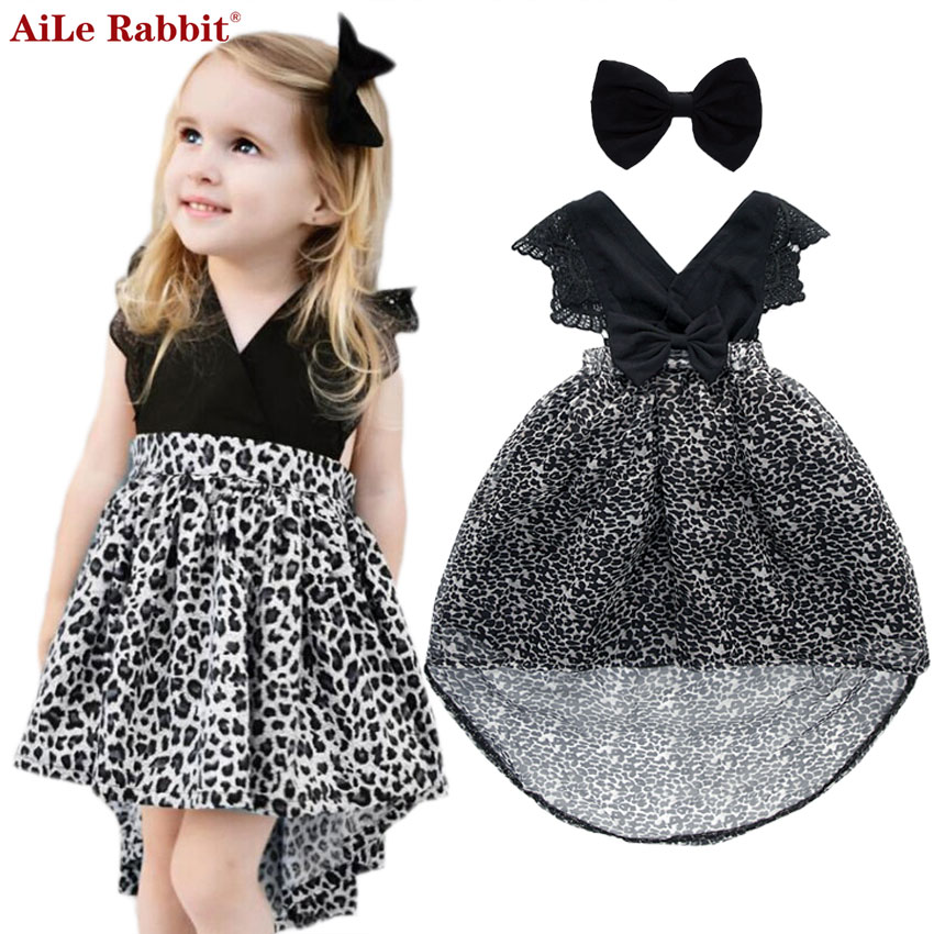 AiLe Rabbit INS Girls Leopard Dress Bow Hairpin Lace V Neck Collar Chiffon Dovetail Dress Princess Fashion Kids Party K1 alx