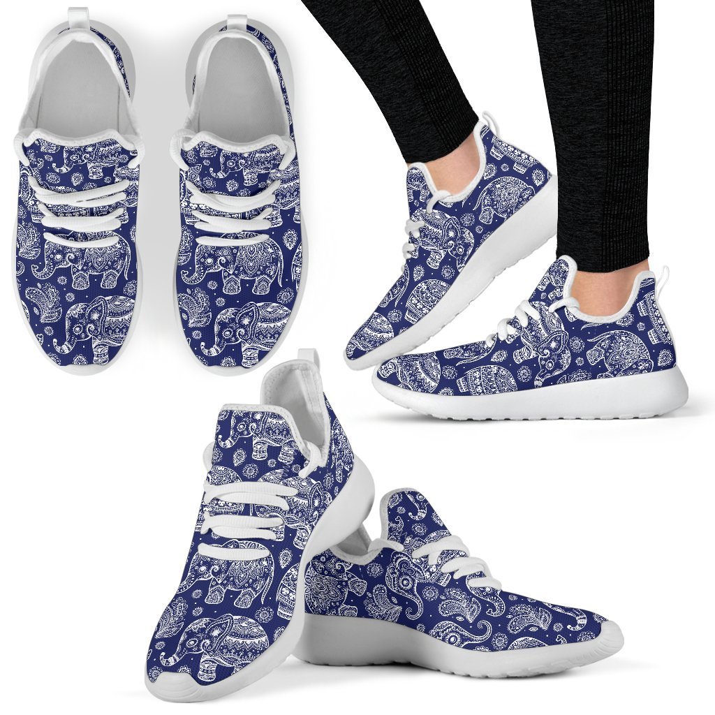 White Elephant Mandala Mesh Knit Sneakers, Personalized Shoes Custom Name, Text For Women, Men