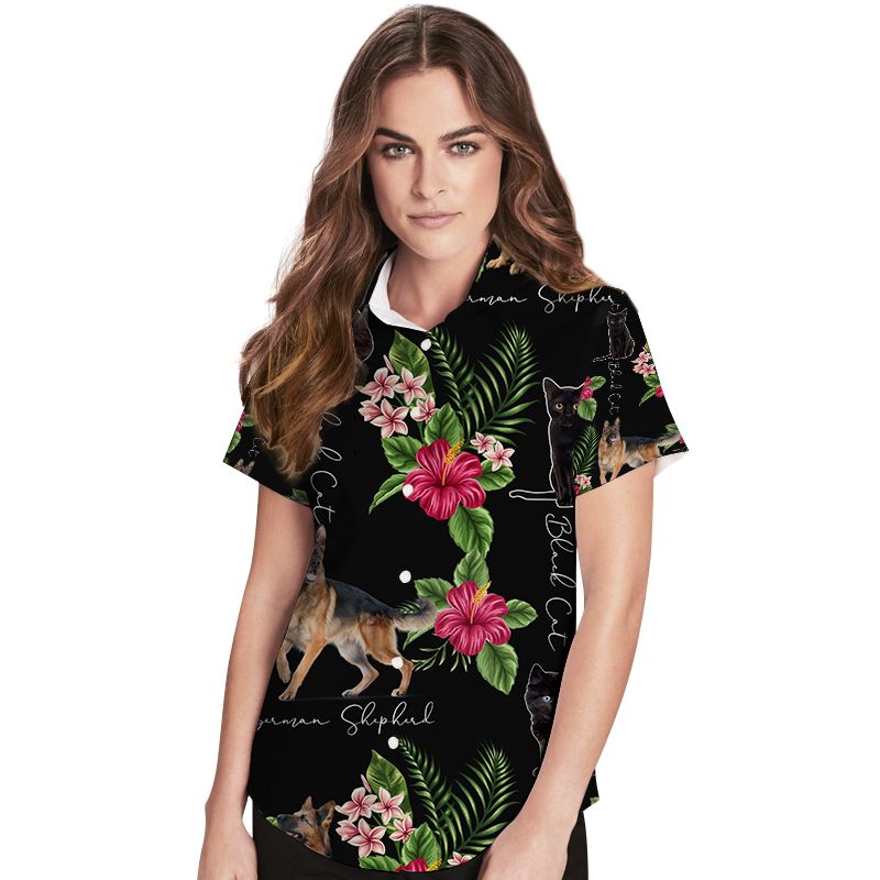 German Shepherd And Black Cat Hibiscus Women Hawaiian Shirt For Pets Lovers In Daily Life Ha96383