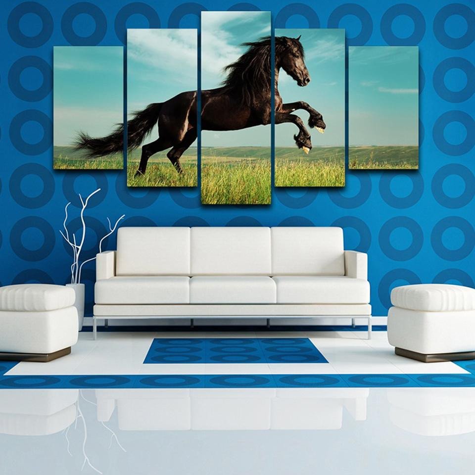 Brown Running Horse Animal 5 Panel Canvas Art Wall Decor