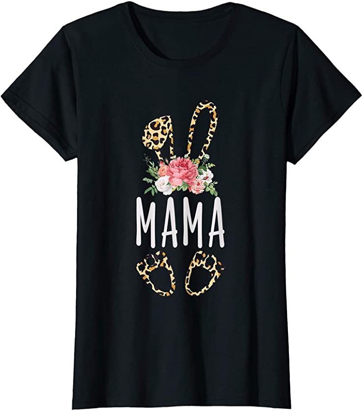 Womens Cute Leopard Print Bunny Ears, Spring Flowers, Easter, Mama T-Shirt