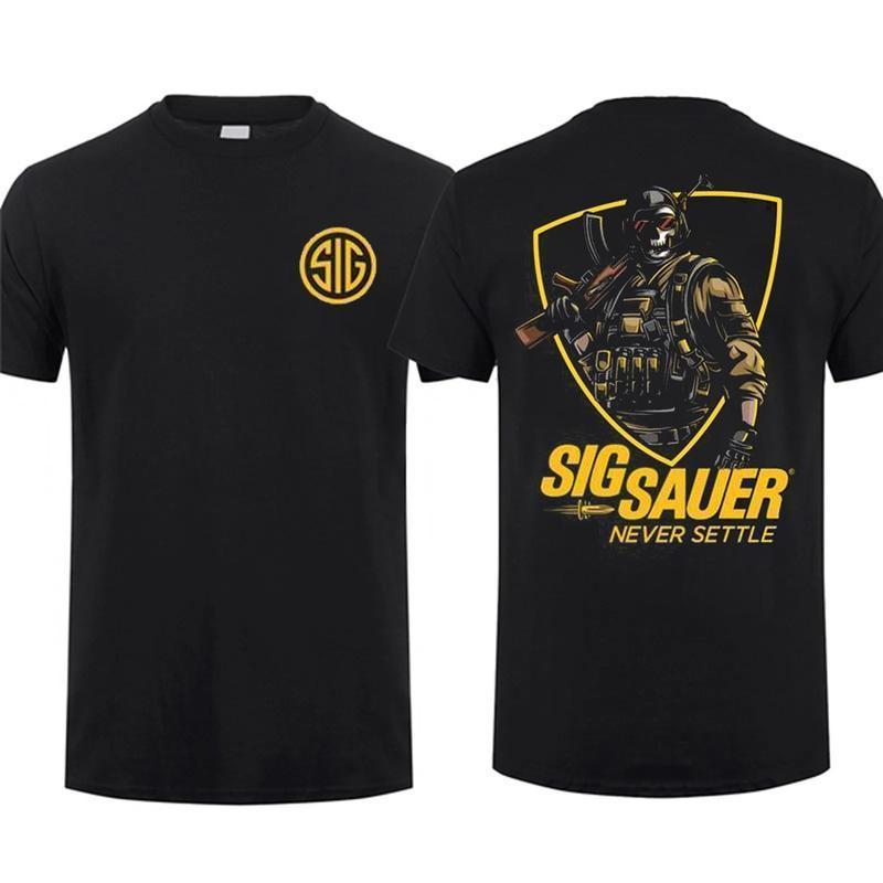 Sig Sauer Tactical Warrior T-Shirt, Bold Graphic Tee with Armored Character and Shield Emblem, Never Settle Motto Back Print, Rugged Streetwear for Men Who Value Strength and Precision