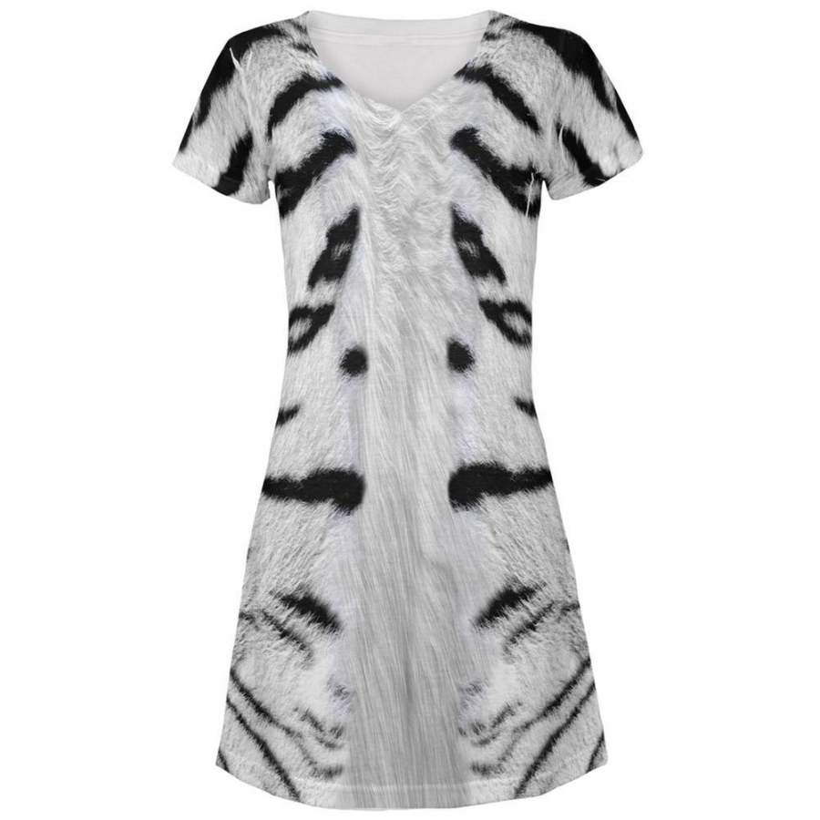 White Siberian Tiger Costume All Over Juniors V-Neck Dress