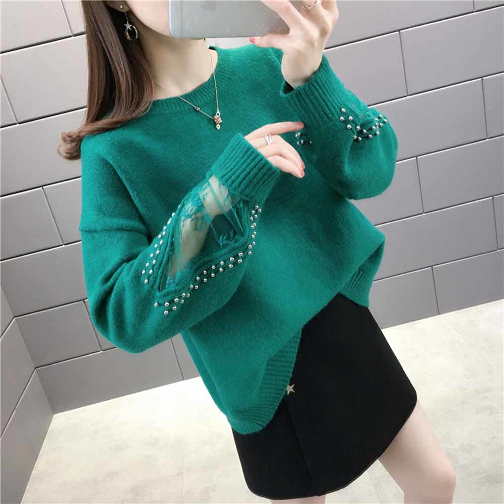 2022 New Women Pearl Decoration Pullover Autumn Winter Female Lace Hollow out Long Sleeve Sweater Female All-match Casual Tops alx