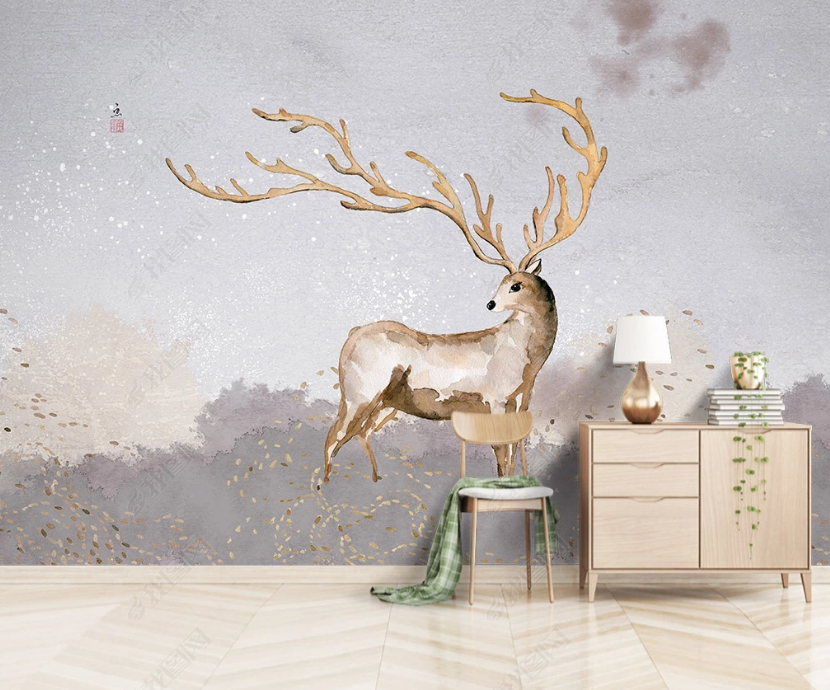 3D Hand Drawn Watercolour Buck Animal Background Wall Mural Wallpaper Lxl