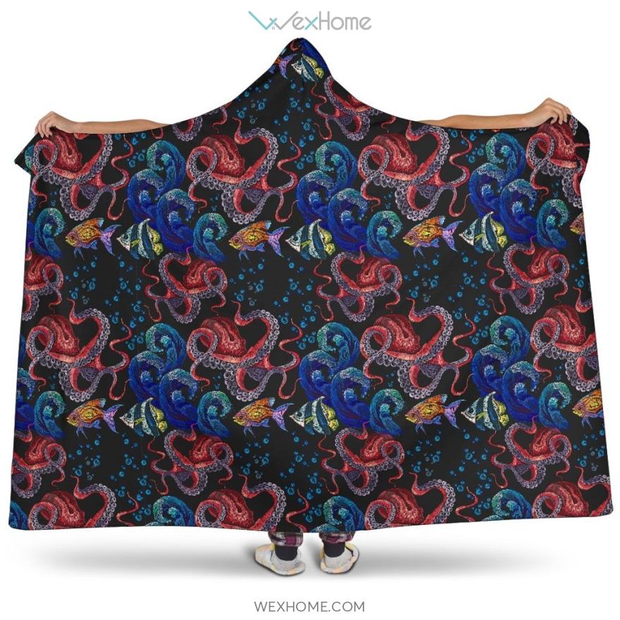 Octopus Sea Wave Tropical Fishe Pattern Hooded Blanket