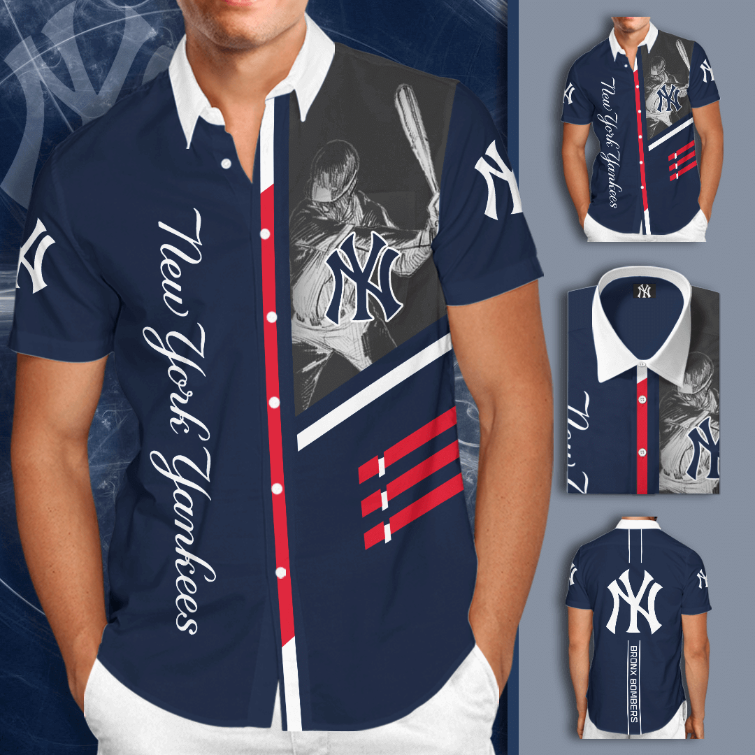 New York Yankees All Over Print 3D Short Sleeve Dress Shirt Hawaiian Summer Aloha Beach Shirt - Navy - Yankees World Series Tshirt