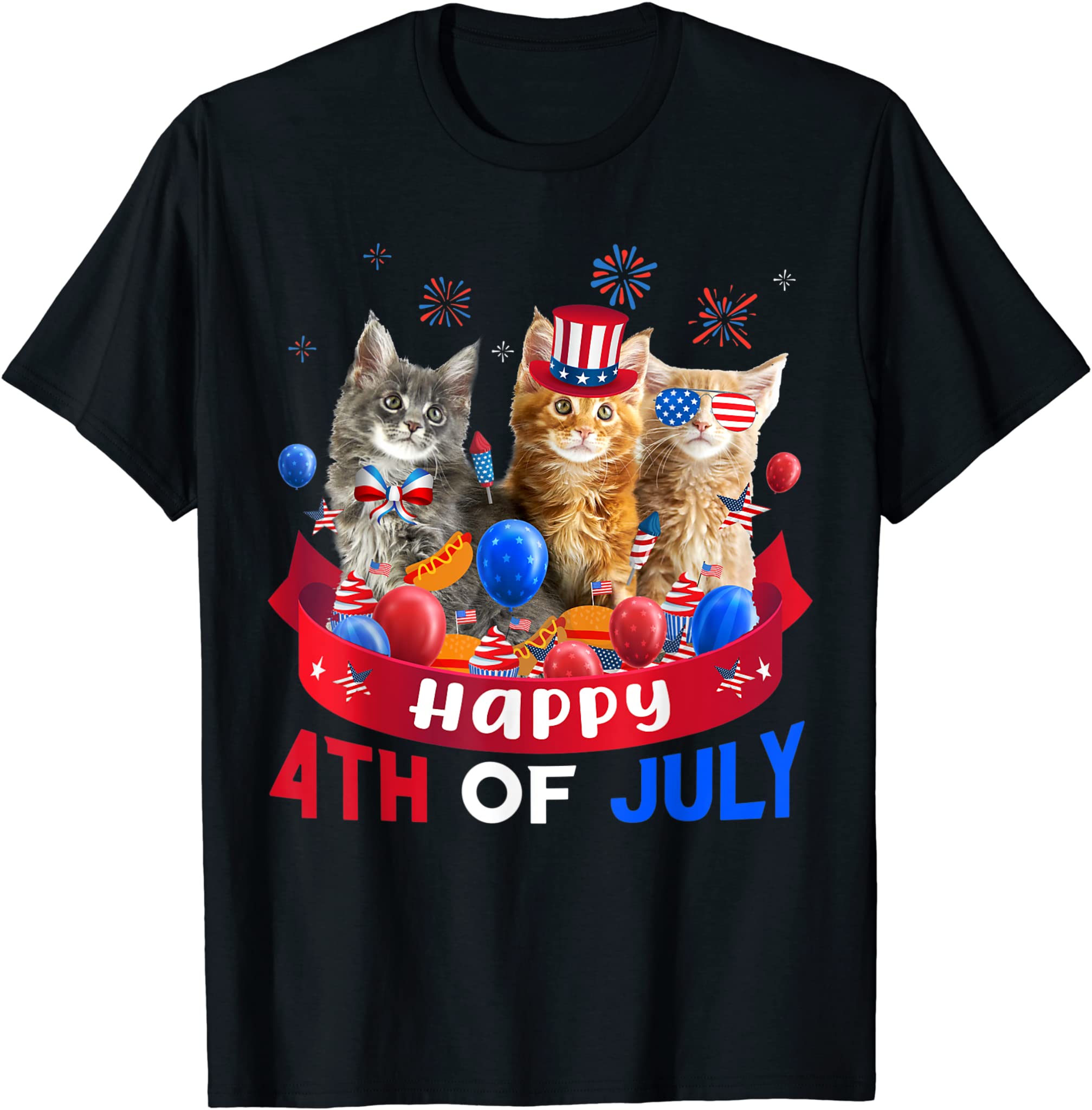 Three Cat Happy 4th Of July Balloon Lover Independence Day T-Shirt