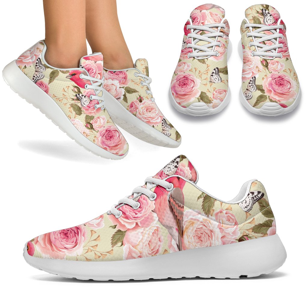 Bird Butterfly Pink Flower Print Pattern Sport Sneakers White
