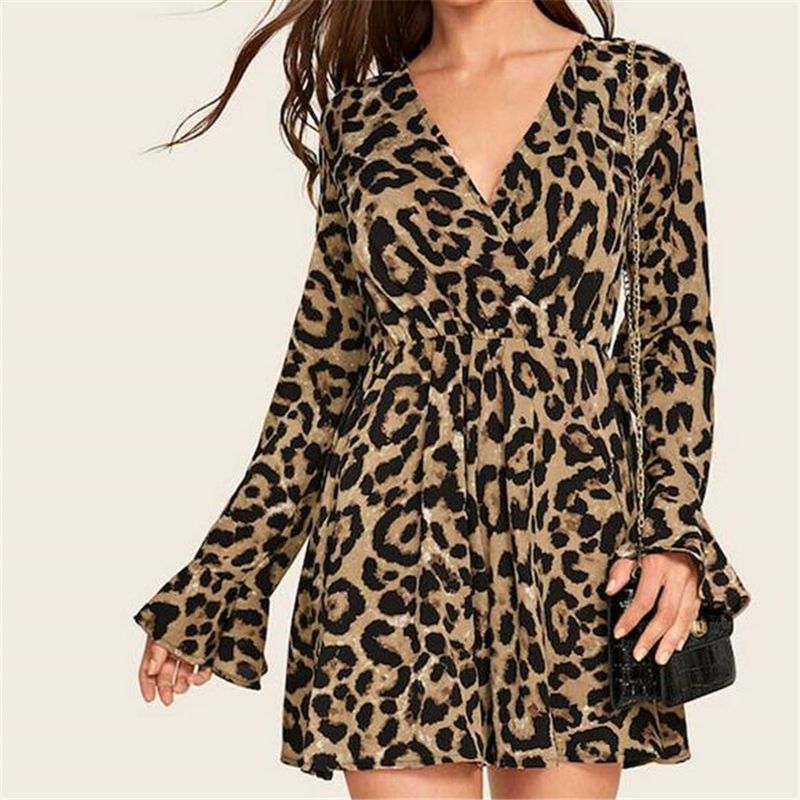 Retro Fashion  Elegant Long Sleeve Leopard  Dress