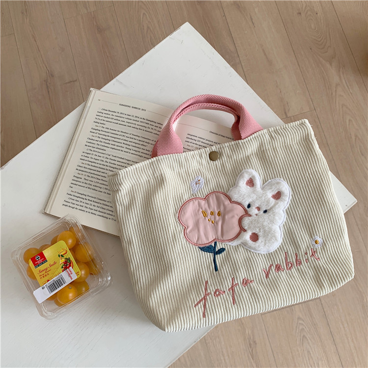 Women Corduroy Tote Cute Embroidery Cartoon Bunny Small Canvas Handbag Thickened Cotton Cloth Lunch Box Girl Little Shopping Bag alx