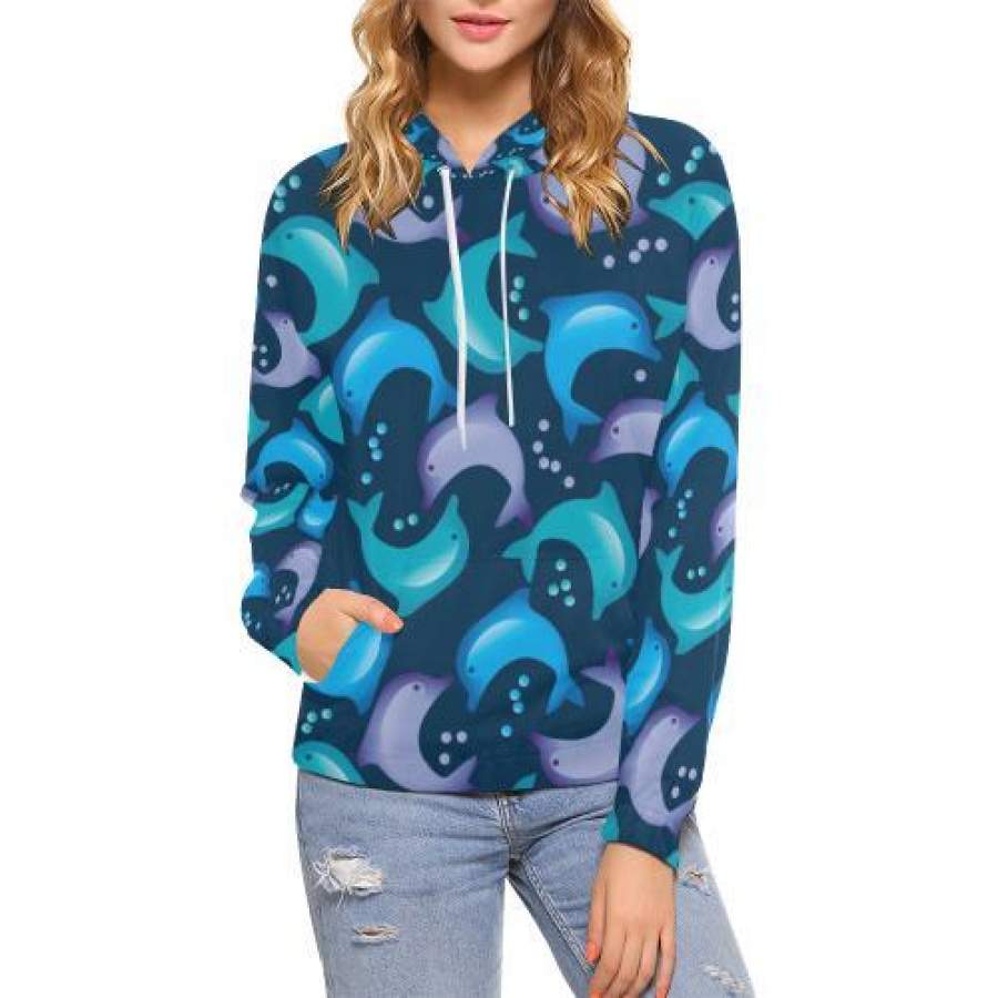 Dolphin Pattern Print Women Pullover Hoodie