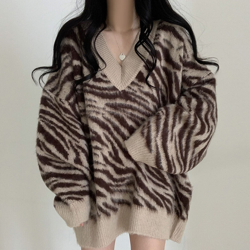 Vintage Y2k Tops Loose Long Sleeve Pullover V Neck Pink Zebra Sweater Women Thick Winter Print Khaki Mid Length Sweaters alx