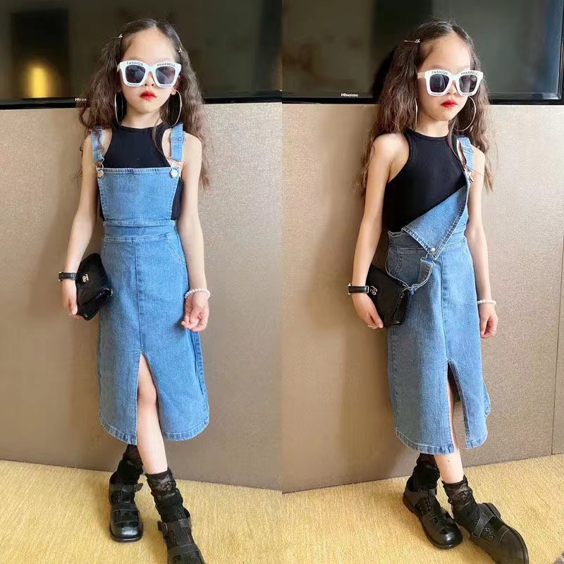 Summer Girls Long Denim Skirt Suspender Skirt Children Clothes Korean Style Kids Baby Girl Denim Strap Skirt for Teen Clothing alx