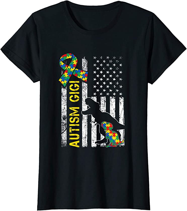 Womens Distressed Dinosaur Autistic Gigi USA Flag Autism Day T-Shirt