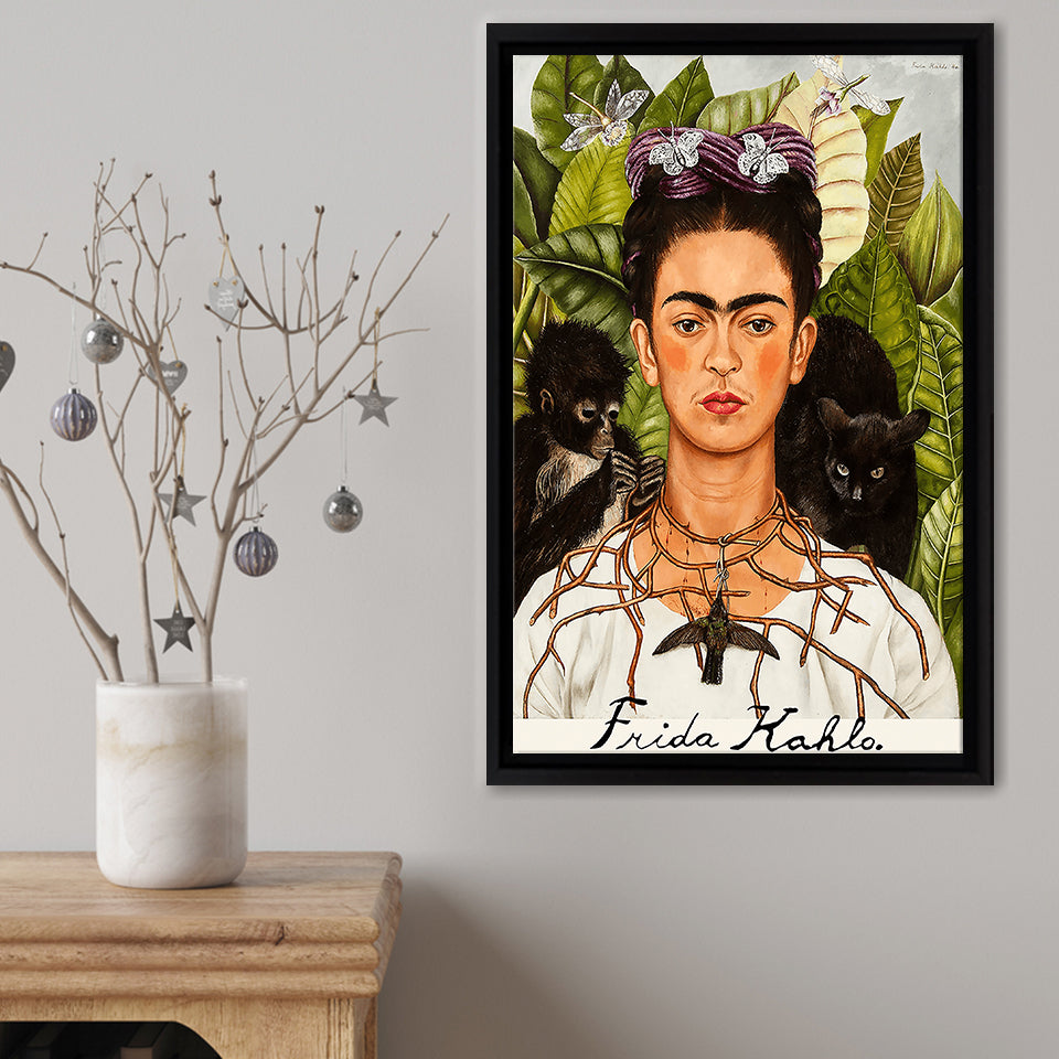 Self-Portrait With Thorn Necklace And Hummingbird Framed Canvas Print – Canvas Painting, Canvas Art, Wall Art, Wall Decor