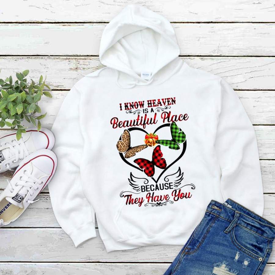 Butterfly i know heaven is a beautiful place because they have you red plaid leopard bells noel white hoodie for men and women S-5XL