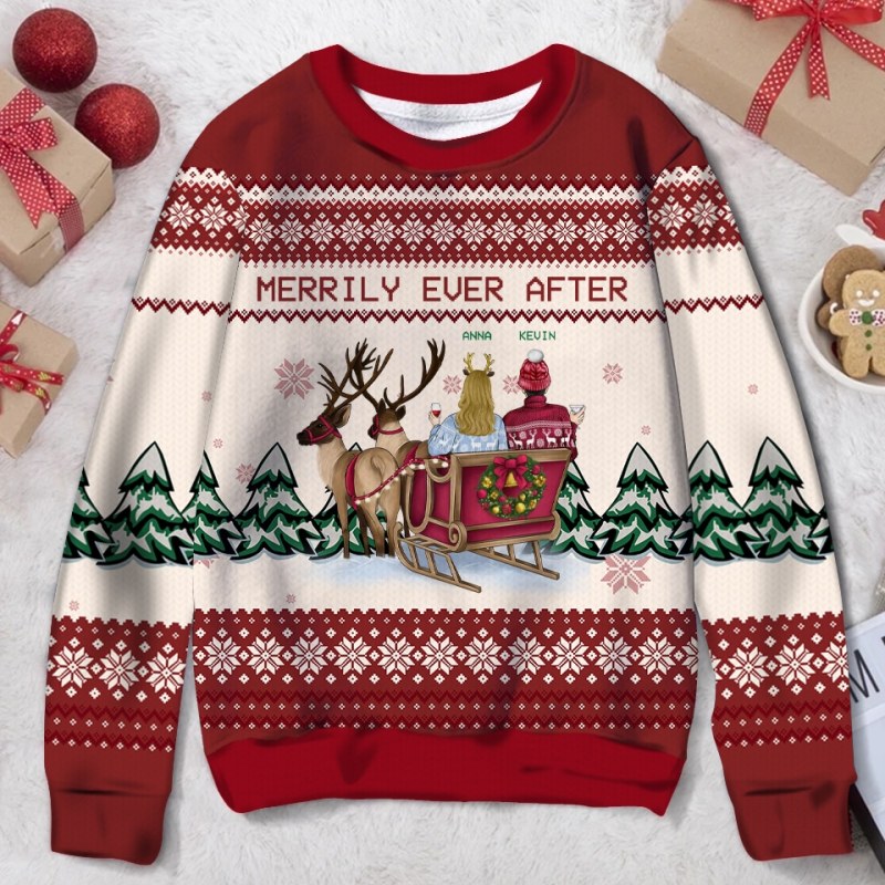 Merrily Ever After Couple Santa, Personalized Custom Ugly Christmas Sweater, Gift For Couple