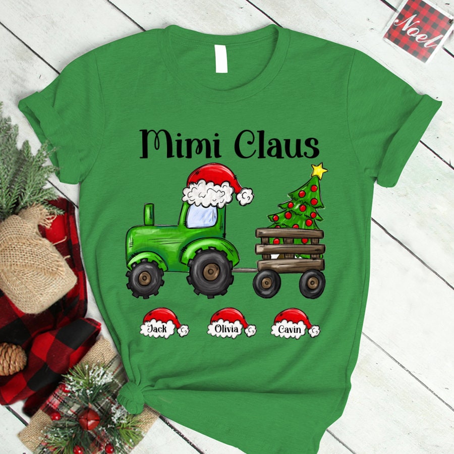 Personalized Christmas Mimi Tractor Shirt, Christmas Grandma Shirt with Santa Hats, Custom Green Tractor Nana Claus Shirt, Gigi Claus Shirt