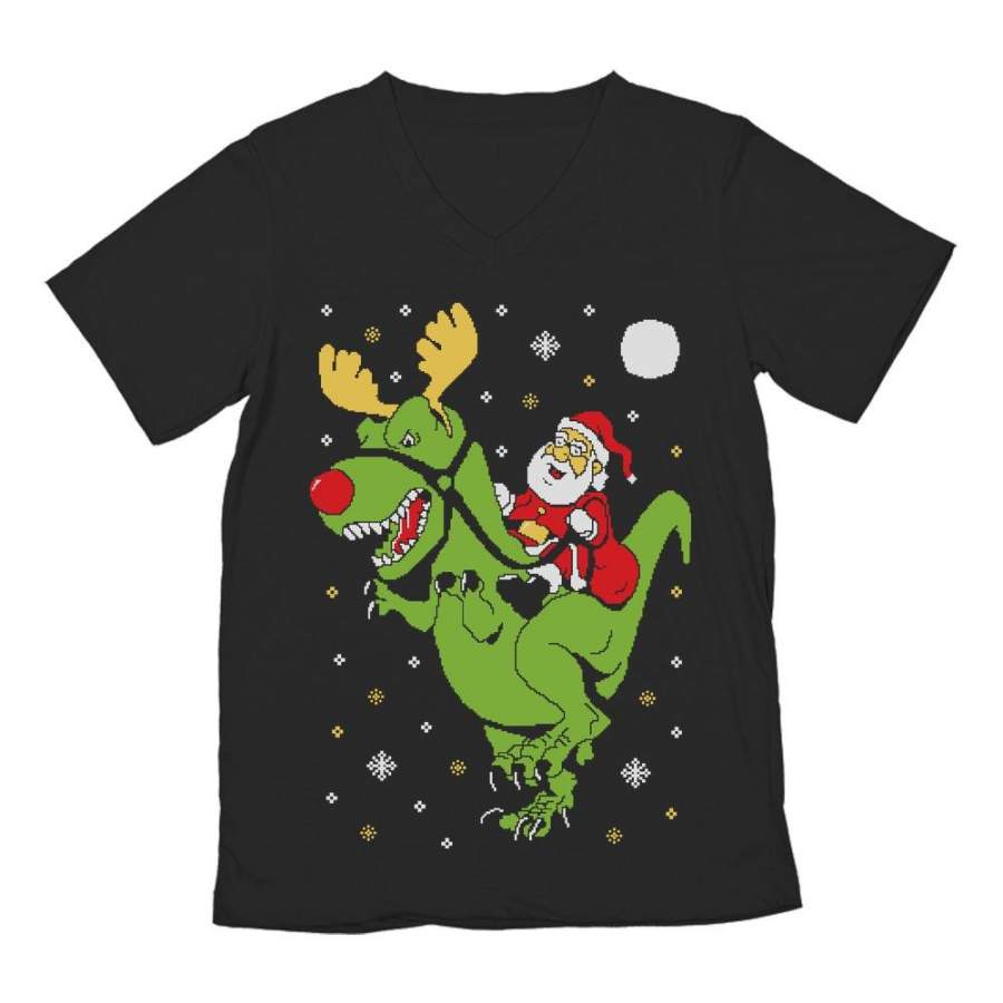 T-Rex Santa Ride Ugly Christmas V-Neck T-Shirt