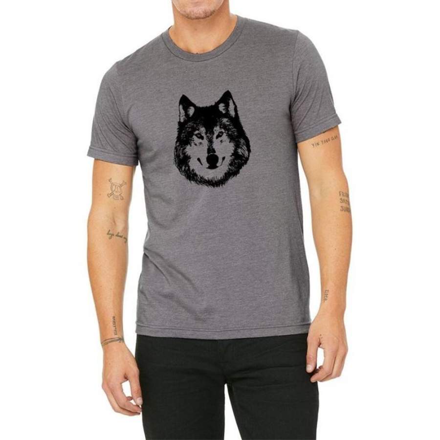 Unisex Wolf T-Shirt, Grey Wolf Shirt for Men and Women, Lone Wolf Graphic Tee Shirt, Hand Printed Screen-Printed Crewneck Animal T-Shirts