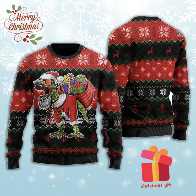 Christmas Santa T-Rex Dinosaur  Wool Sweater