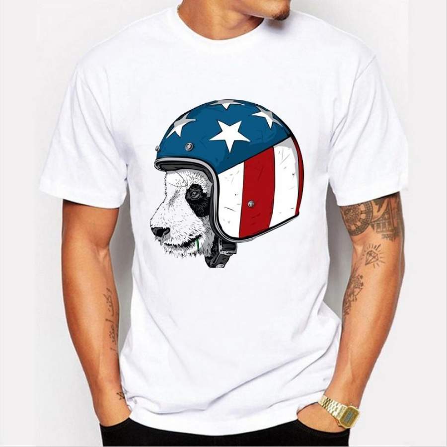 Panda Wear Flag Hat Design T Shirt Men Novelty Tops Custom Printed Tees