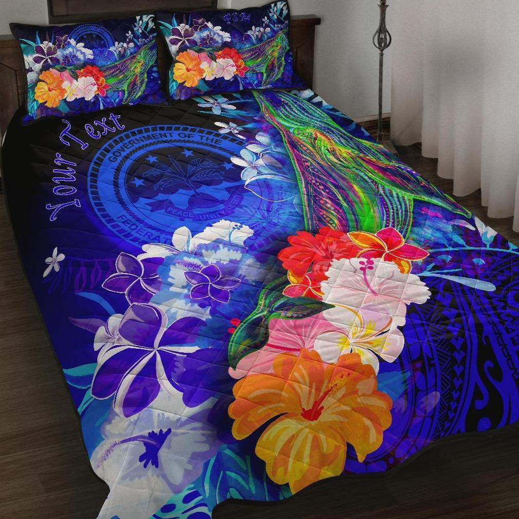 Federated States Of Micronesia Custom Personalised Quilt Bed Set – Humpback Whale With Tropical Flowers (Blue)