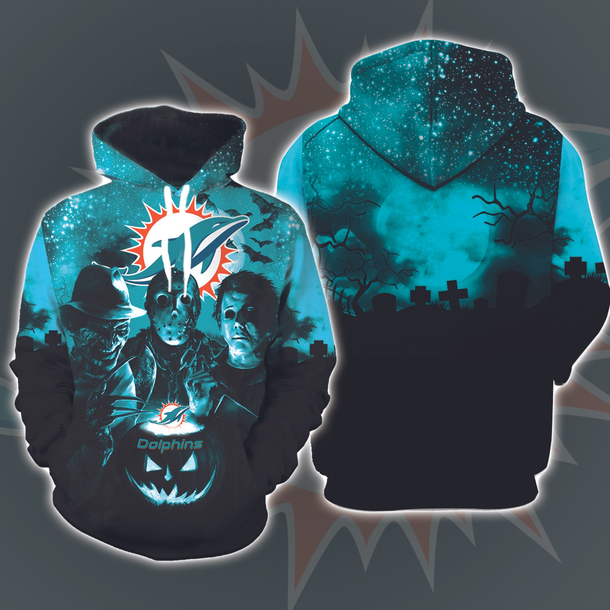 Miami Dolphins Halloween and Michael Myers, Jason Voorhees, Freddy Krueger 3D Printed Hoodie