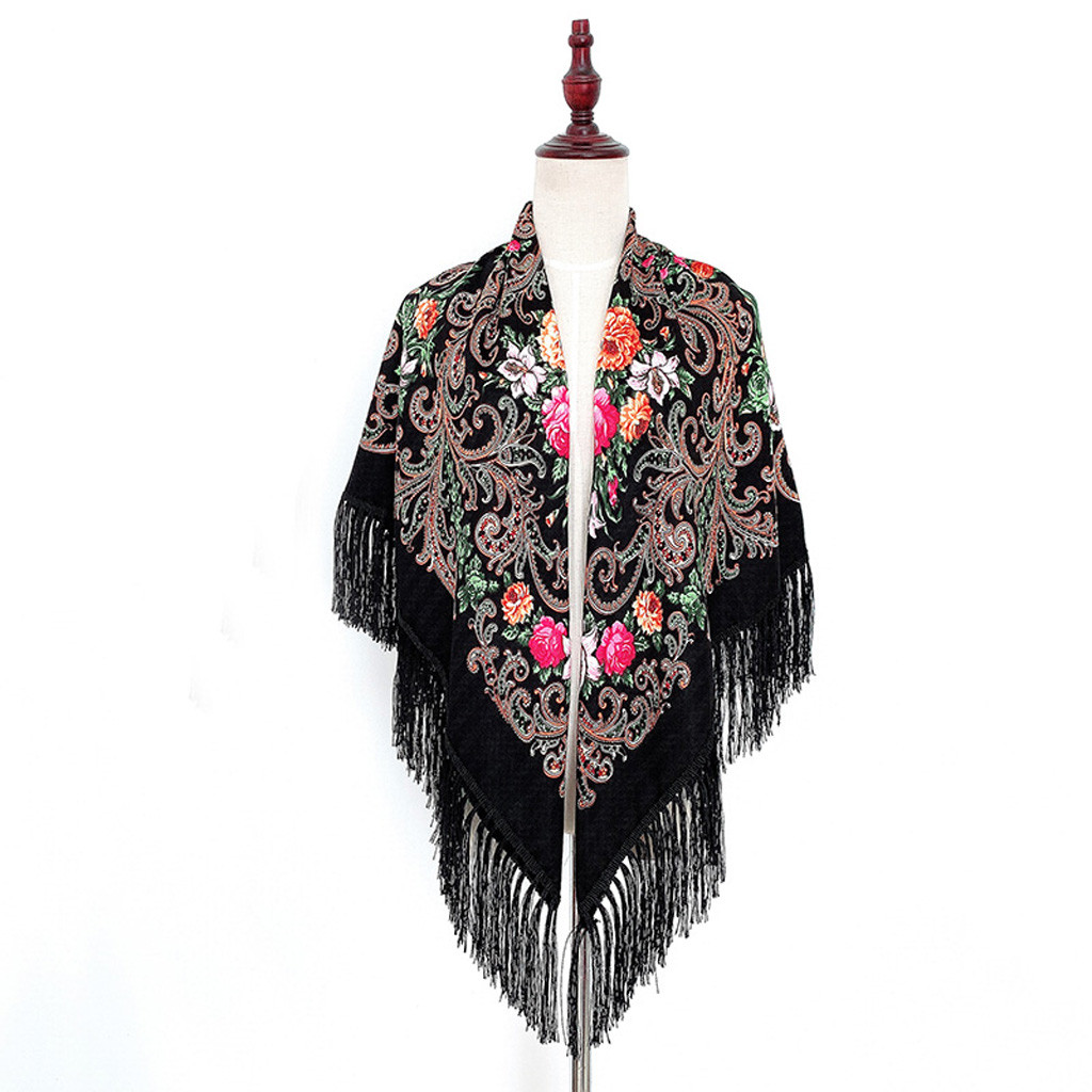Women Lady Muslim Folk-custom Print Tassel Square Scarf Wrap Shawl Travel Neck Hair Tie Band Bag Warp Soft Neckerchief Hijab alx