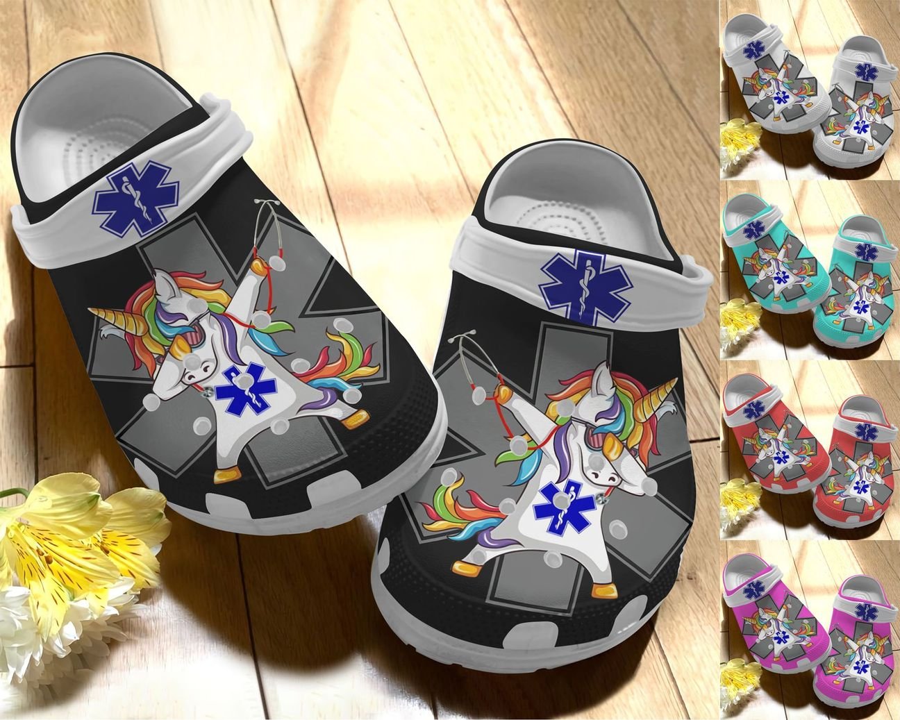 Ems Personalize Clog, Emergency Medical Services Custom Name, Text, Fashion Style For Women, Men, Kid, Print 3D Whitesole Unicorn Ems Dab