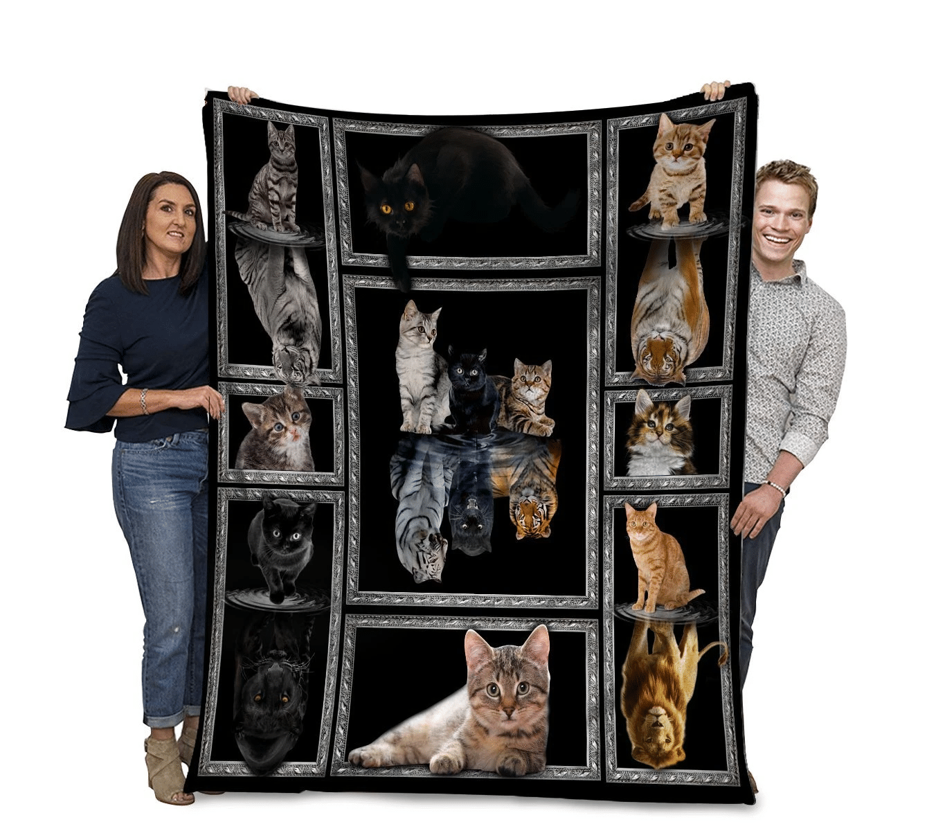 3D Cats Reflection Mirror Puma Cheetah Tiger Cat Lover Cozy Fleece Blanket Sherpa Blanket