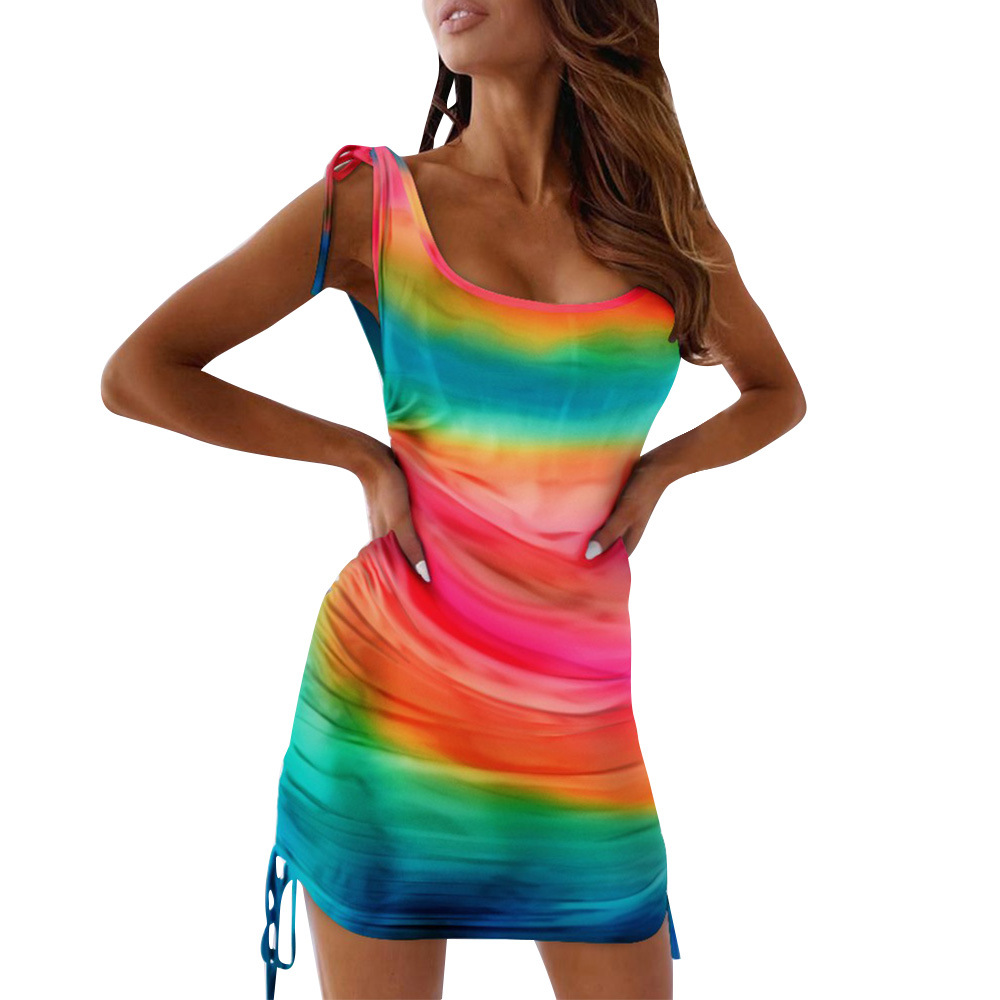 Summer ebay dress Ruched Low Cut Bodycon Mini Dresses Women Tie-dye Square Collar Sleeveless Summer Dresses alx