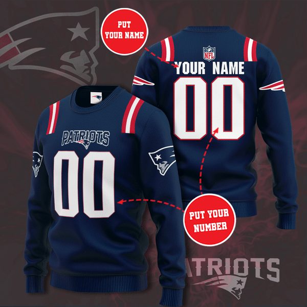 New England Patriots Custom Name Number Navy Gift For Fan Ugly Wool Sweater Christmas