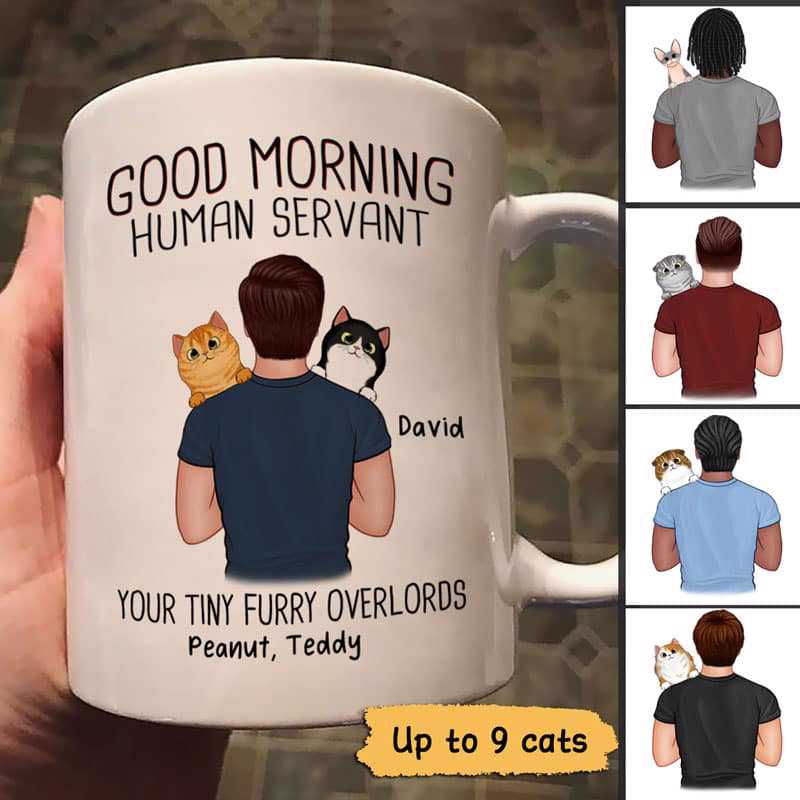 Man Carrying Cats Good Morning Happy Father‘S Day Human Servant Gift For Cat Dad Personalized Mug