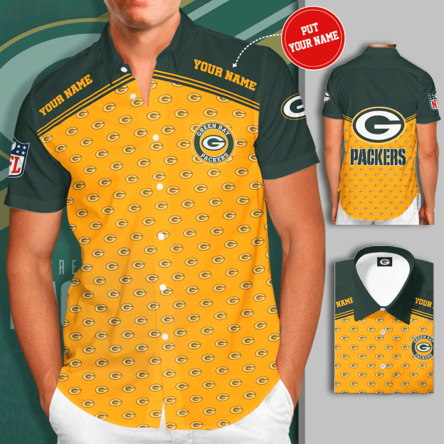 Personalized Green Bay Packers Logo All Over Print 3D Short Sleeve Dress Shirt Hawaiian Summer Aloha Beach Shirt – Yellow Green-Tph