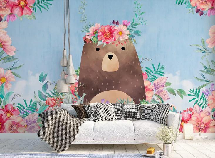 3D Hand Drawn Animal Bear Pink Floral Wall Mural Wallpaper Lqh 287