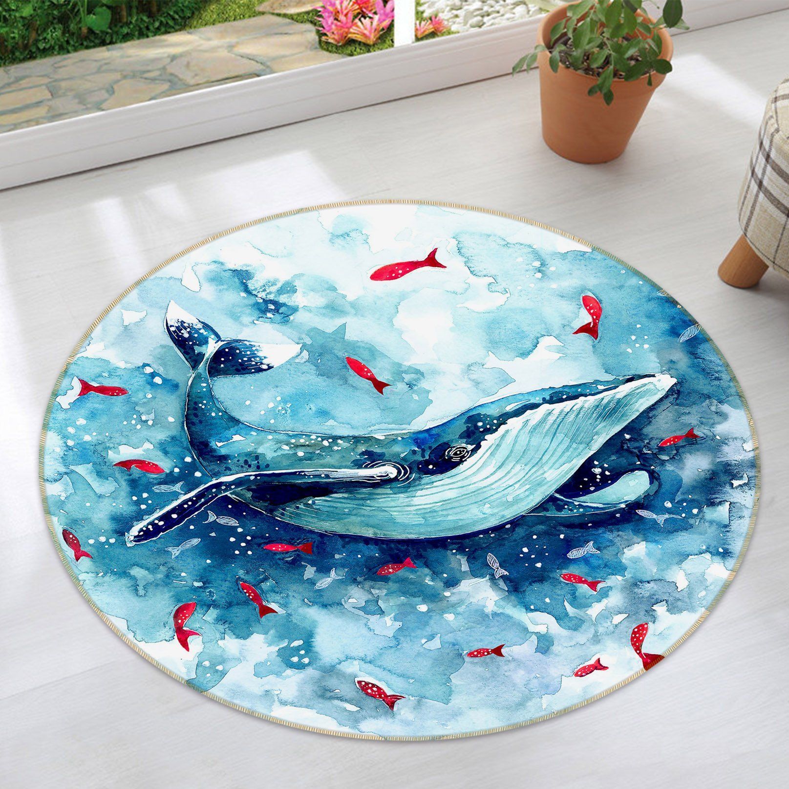 Blue Watercolor Whale And Red Fishes Round Rug – Round Carpet Home Decor