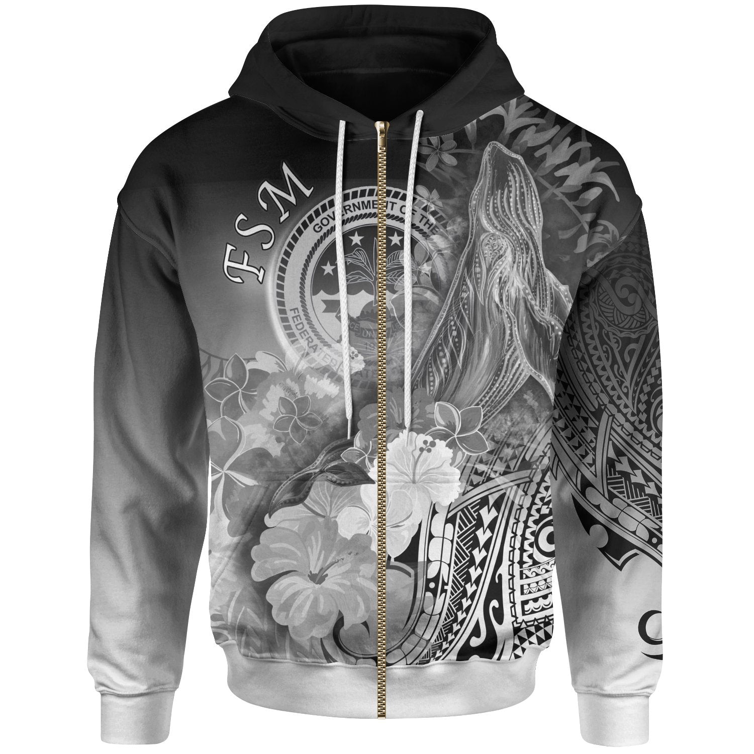 Fsm Zip-Up Hoodie – Humpback Whale With Tropical Flowers (White)