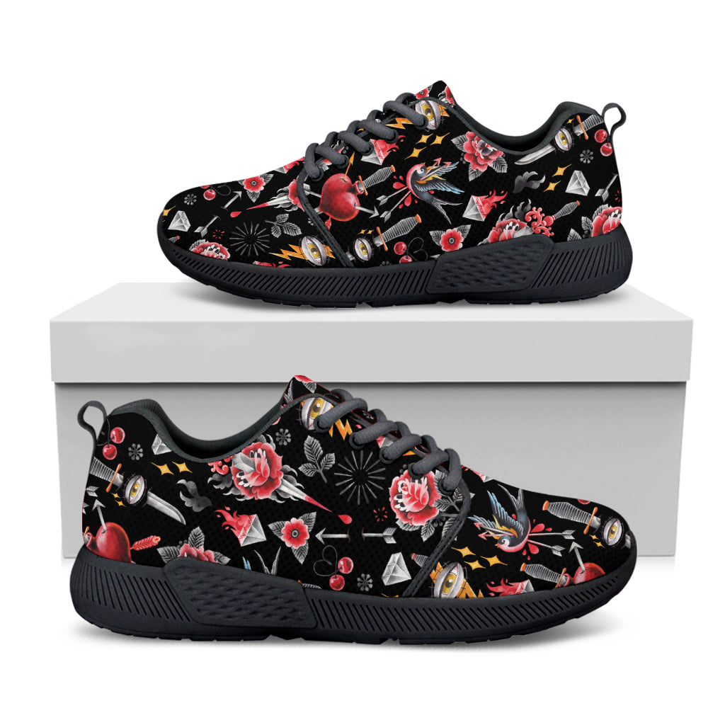 Watercolor Tattoo Print Black Athletic Shoes