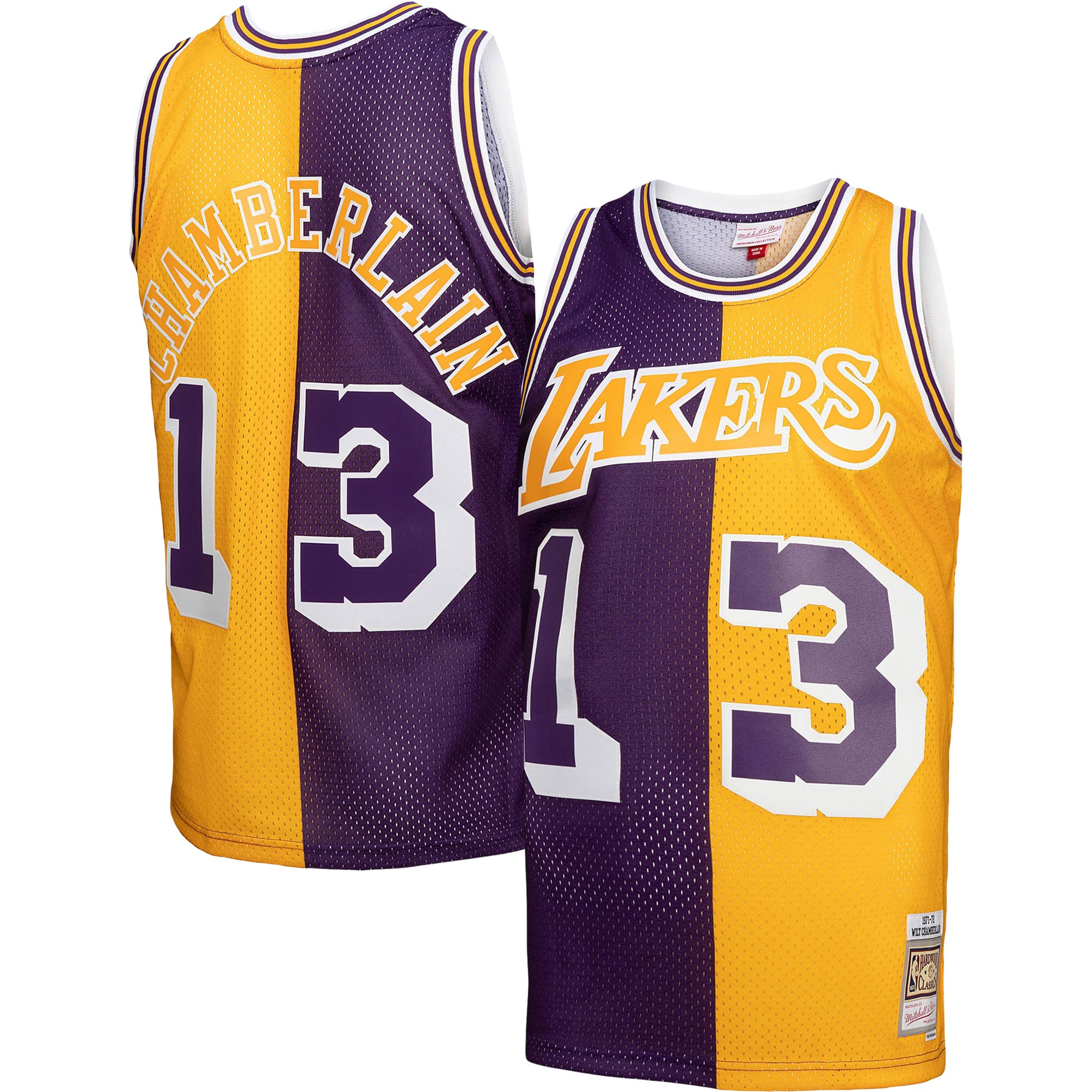 Wilt Chamberlain Los Angeles Lakers Mitchell & Ness Hardwood Classics 1971/72 Split Swingman Jersey – Purple/Gold