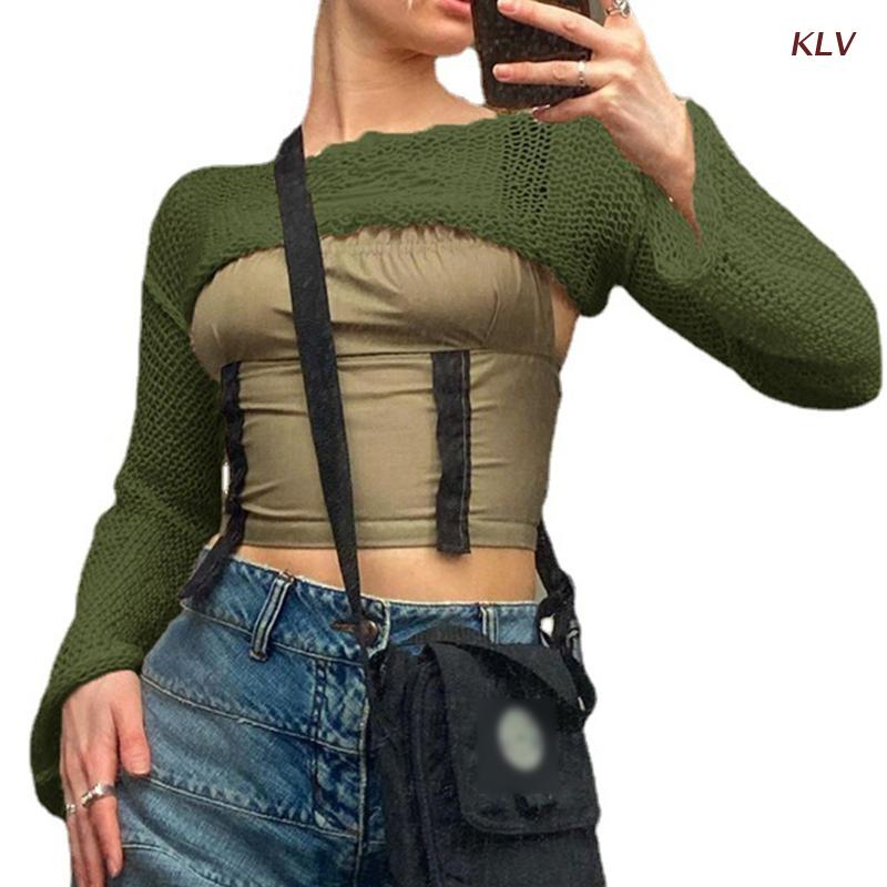 Women Hollow Out Crochet Long Sleeve Shrug Cover Up Knitted Sexy Off Shoulder Sweater Crop Top See Through Mesh T-Shirts alx