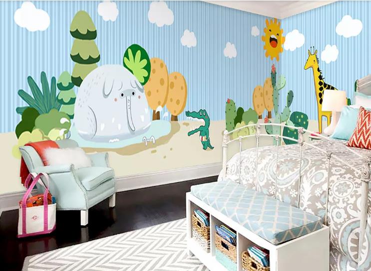 3D Cartoon Forest Animal Elephant Giraffe Crocodile Wall Mural Wallpaper Lqh 226