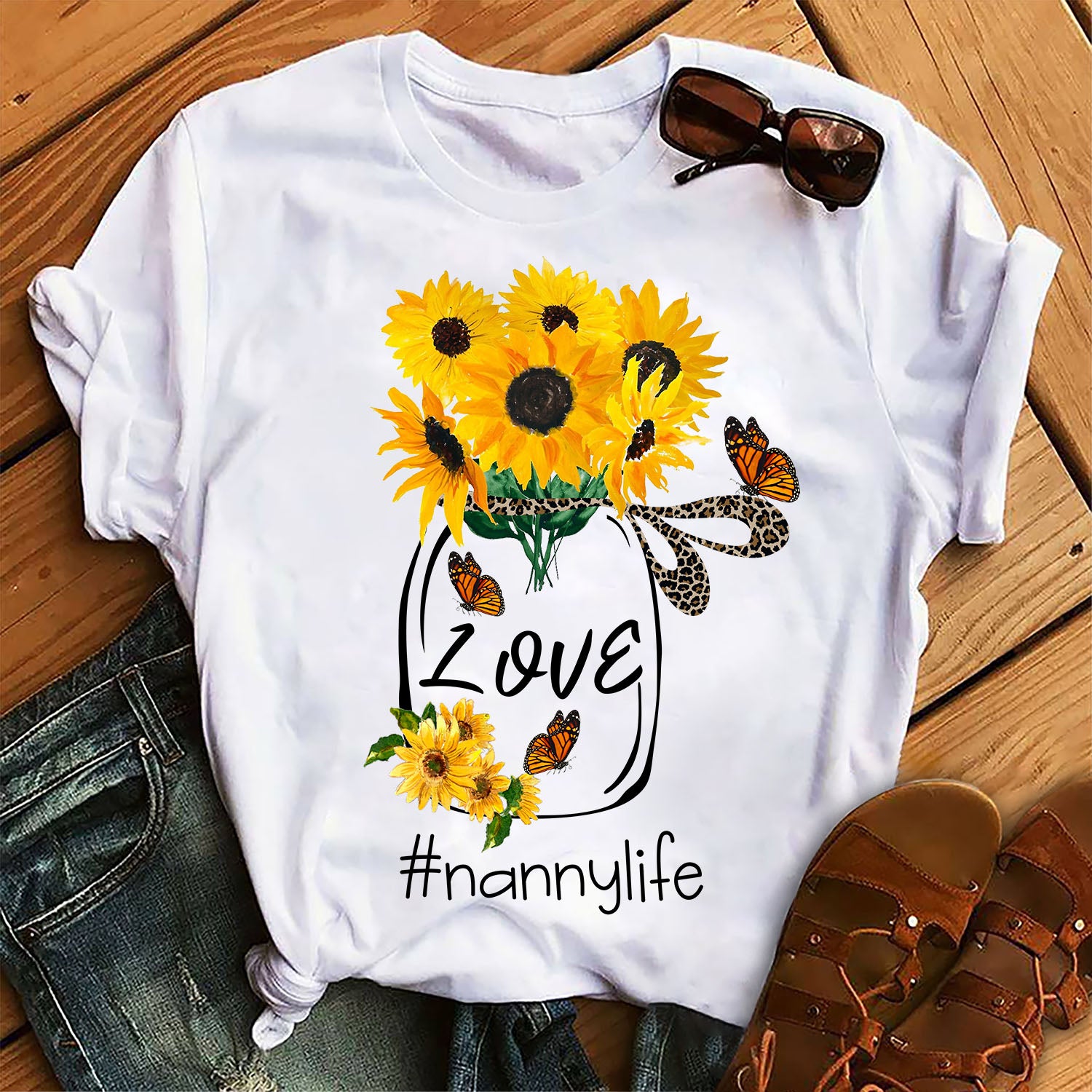 Sunflower Bottle Glass Nanny Life Lover Leopard Skin Graphic Unisex T Shirt, Sweatshirt, Hoodie Size S – 5XL