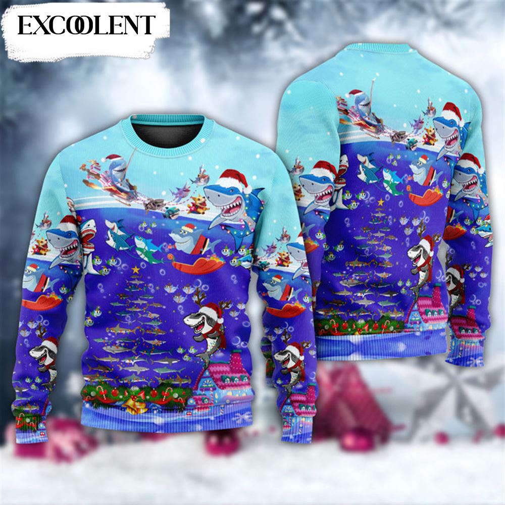 Christmas Santa Shark Sits On Rockets And Brings Gifts To Ocean Ugly Christmas Sweater Adult