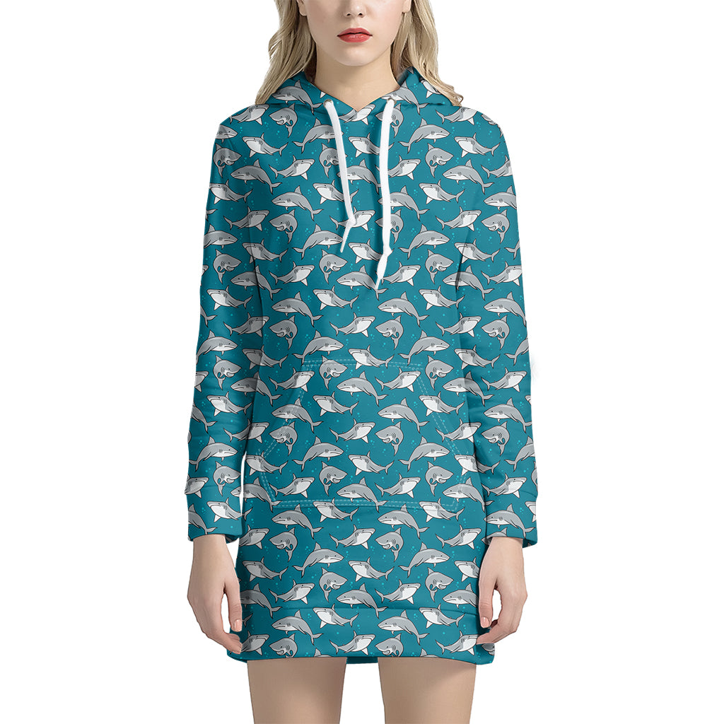 Cartoon White Shark Pattern Print Women’S Pullover Hoodie Dress