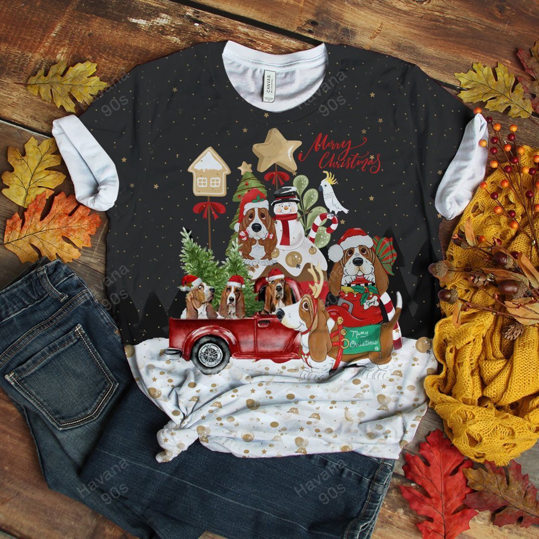 Basset Hound T-shirt Dog Snowy Christmas Night