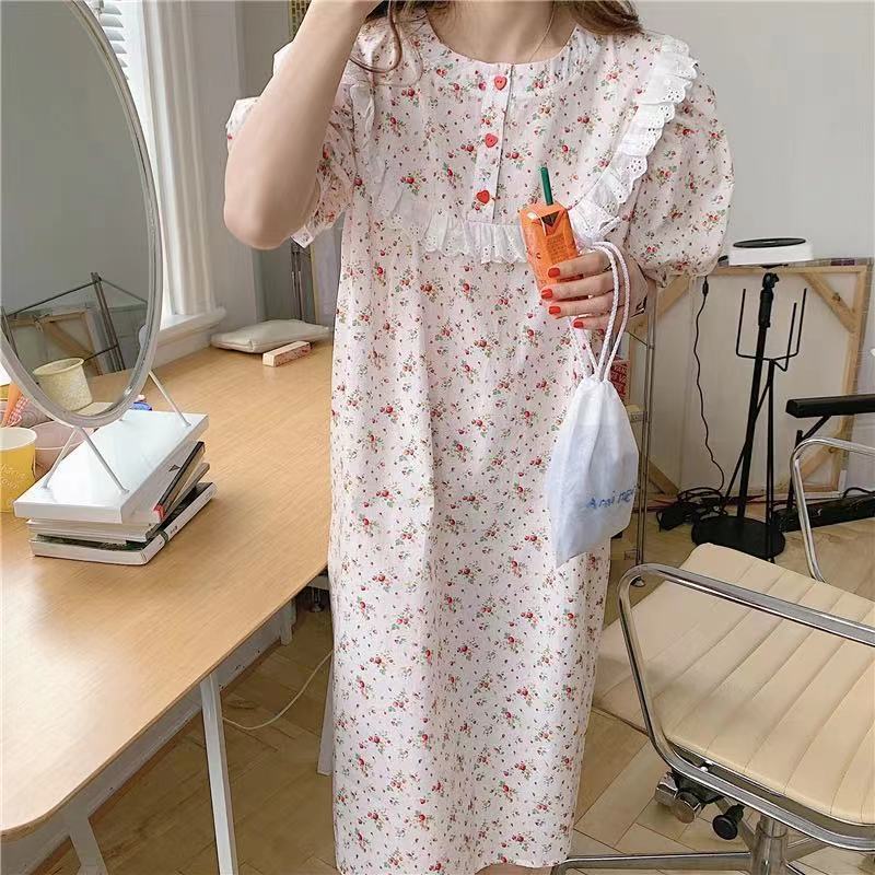 Women Short Sleeve Nightgowns Floral Printed Loose Elegant Sweet Sleepwear Nightdress Lace O-neck Home Loungewear Korean Summer alx