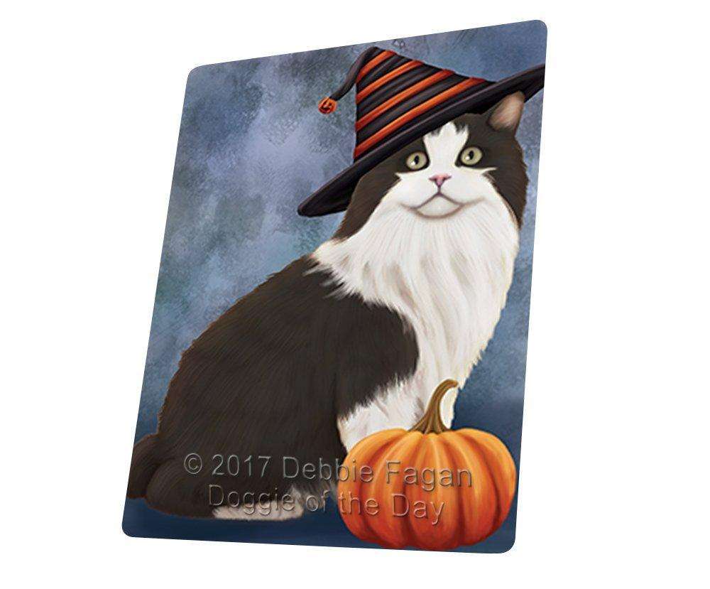 Happy Halloween Cymric Black And White Cat Wearing Witch Hat With Pumpkin Art Portrait Print Woven Throw Sherpa Plush Fleece Blanket